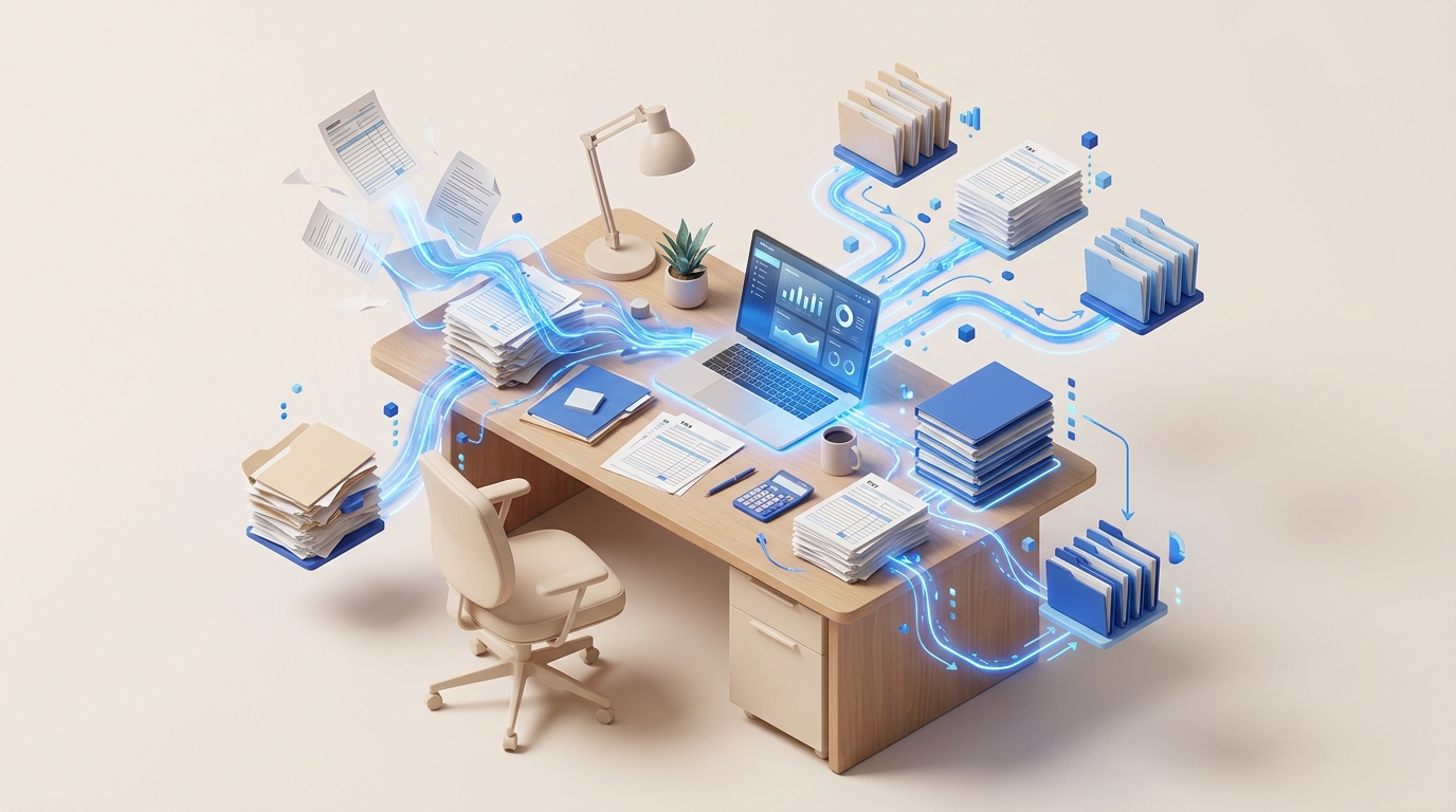 Abstract illustration of CPA practice automation - digital workflows connecting accounting documents and systems